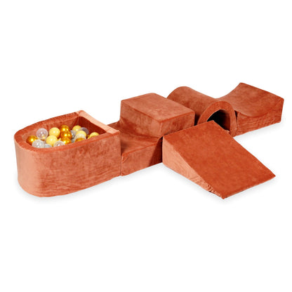 Ensemble de jeu en mousse avec pont et micro-piscine en velours doux canyon avec balles 100 pièces (beige, or, transparent)