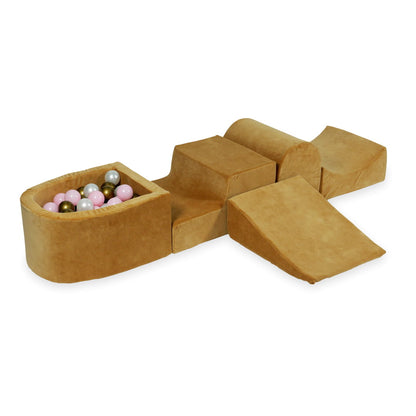 Ensemble de jeu en mousse avec colline et micro-piscine en velours doux carmel avec balles 100 pièces (vieil or, rose clair, perle)