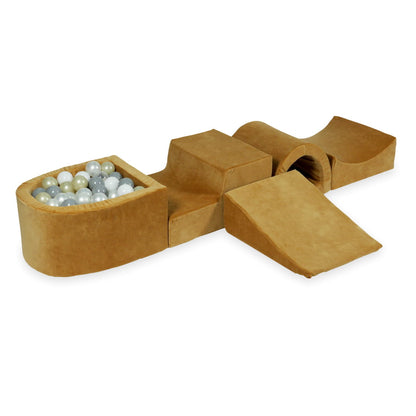 Ensemble de jeu en mousse avec pont et micro piscine velours doux carmel avec balles 100 pièces (transparent, blanc, perle, gris, or clair)