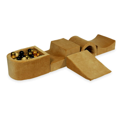 Jeu en mousse avec pont et micro piscine velours doux carmel avec balles 100 pièces (beige, vieil or, or, noir)