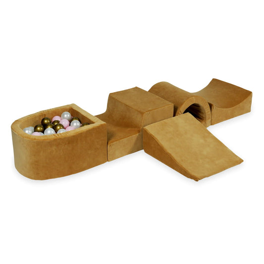 Jeu en mousse avec pont et micro piscine velours doux carmel avec boules 100 pièces (vieil or, rose clair, perle)