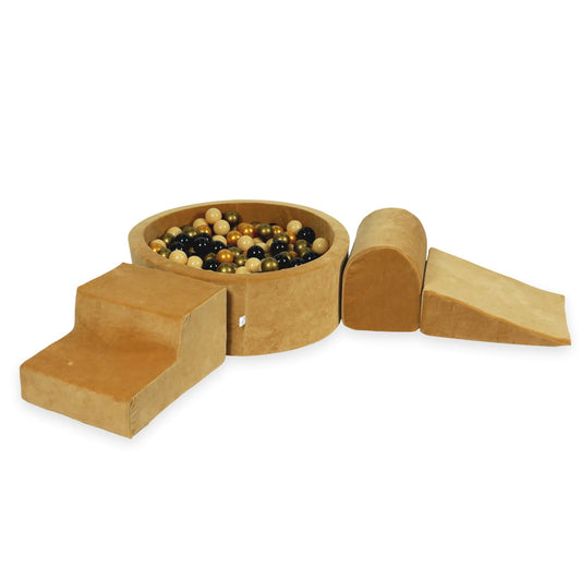 Ensemble de jeu en mousse avec piscine ronde 90x30 velours doux carmel avec balles 200 pcs (beige, vieil or, or, noir)