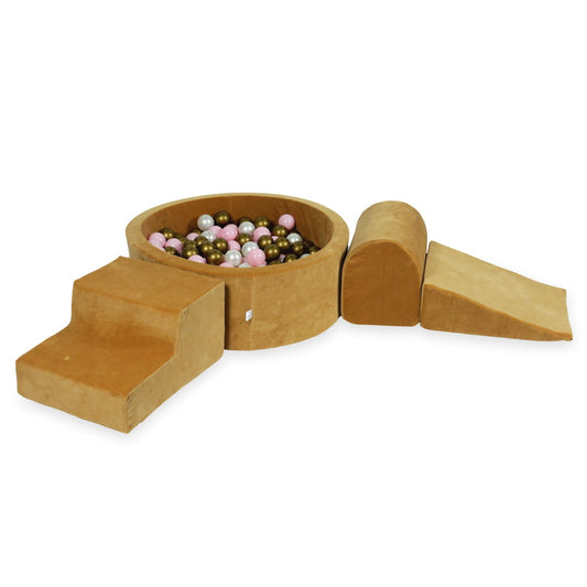 Ensemble de jeu en mousse avec piscine ronde 90x30 velours doux carmel avec balles 200 pcs (vieil or, rose clair, perle)