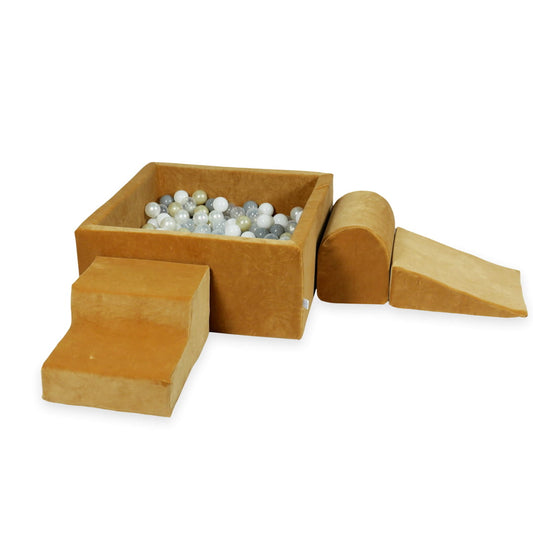 Ensemble de jeu en mousse avec piscine carrée 90x90x40 velours doux carmel avec balles 400 pièces (transparent, blanc, perle, gris, or clair)
