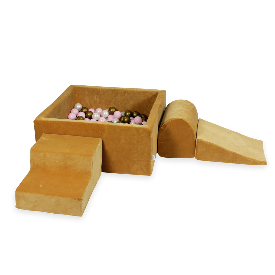 Ensemble de jeu en mousse avec piscine carrée 90x90x40 velours doux carmel avec balles 400 pcs (beige, vieil or, or, noir)