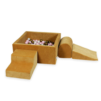 Ensemble de jeu en mousse avec piscine carrée 90x90x40 velours doux carmel avec balles 400 pcs (beige, vieil or, or, noir)
