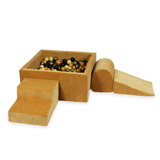 Ensemble de jeu en mousse avec piscine carrée 90x90x40 velours doux carmel avec balles 400 pièces (vieil or, rose clair, perle)