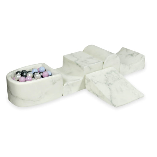 Ensemble de jeu en mousse avec colline et micro-piscine en marbre avec boules 100 pièces (perle bleu clair, perle rose, perle, argent)