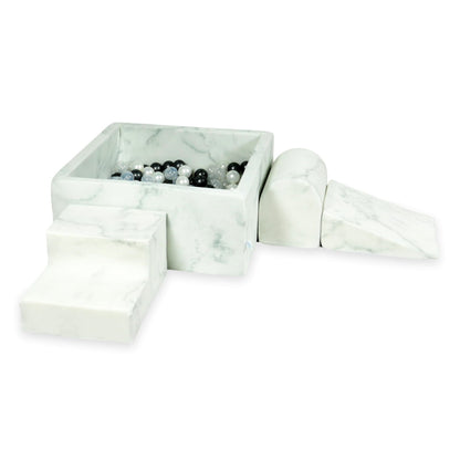 Ensemble de jeu en mousse avec piscine carrée 90x90x40 marbre avec boules 400 pièces (graphite métallique, perle, transparent)