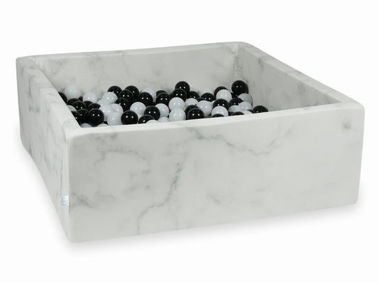 Piscine à Balles 110x110x40 marbre avec boules 600pcs (noir, blanc laineux)