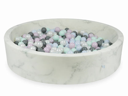 Piscine à Balles 130x30 marbre avec boules 600pcs (menthe clair, perle rose bébé, perle bleu bébé, perle, gris)
