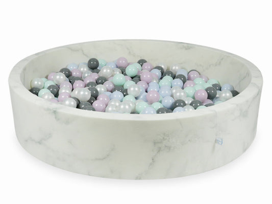 Piscine à Balles 130x30 marbre avec boules 600pcs (menthe clair, perle rose bébé, perle bleu bébé, perle, gris)