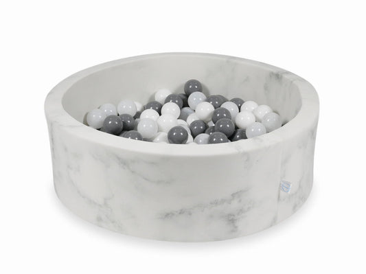 Piscine à Balles 90x30 marbre avec boules 200pcs (blanc, gris, blanc laineux)