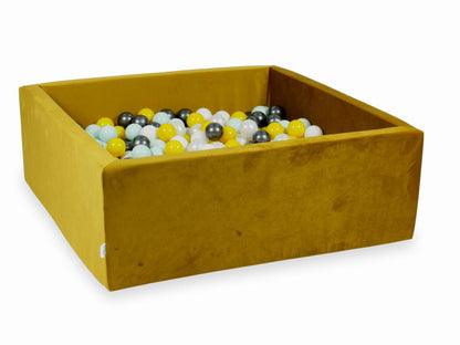 Piscine à Balles avec balles 600pcs 110x110x40 velours doré (jaune, menthe clair, graphite métallique, blanc, perle)