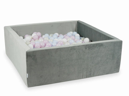 Piscine à Balles avec balles 600pcs 110x110x40 gris velours (perle rose layette, perle bleu layette, effet sirène, blanc)