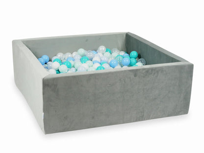 Piscine à Balles avec balles 600pcs 110x110x40 gris velours (menthe clair, turquoise, bleu bébé, bleu bébé perle, perle, blanc, transparent)