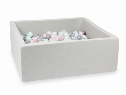 Piscine à Balles gris clair 110x110x40 avec boules 600pcs (transparent, perle, argent, rose bébé, menthe clair)
