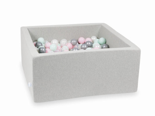 Piscine à Balles gris clair 90x90x40 avec boules 400pcs (transparent, perle, argent, rose bébé, menthe clair)