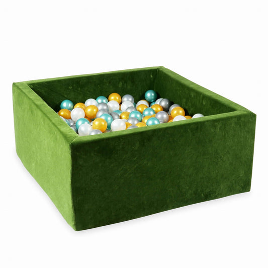 Piscine à Balles 90x90x40 Velvet Soft Olive avec balles 400 pcs. (perle, argent, or, turquoise métallisé)