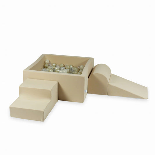 Jeux en mousse avec piscine carrée 90x90x40 beige + 400 balles (transparent, doré clair, effet sirène)
