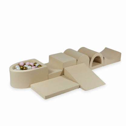 Aire de jeu en mousse avec micro piscine beige + 100 balles (perle, rose bébé, vieil or)
