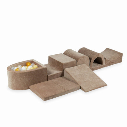 Aire de jeu en mousse avec micro piscine Velvet Soft Dark Beige + 100 balles (transparentes, blanches, beiges, dorées)