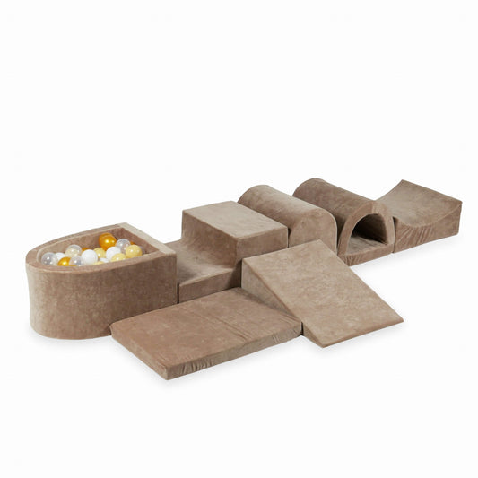 Aire de jeu en mousse avec micro piscine Velvet Soft Dark Beige + 100 balles (transparentes, blanches, beiges, dorées)