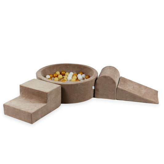 Ensemble de jeu en mousse avec piscine ronde 90x30 Velvet Soft Dark Beige + 400 balles (transparent, blanc, beige, doré)