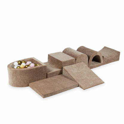 Aire de jeu en mousse avec micro piscine Velvet Soft Dark Beige + 100 balles (blanc, rose bébé, beige, vieil or)