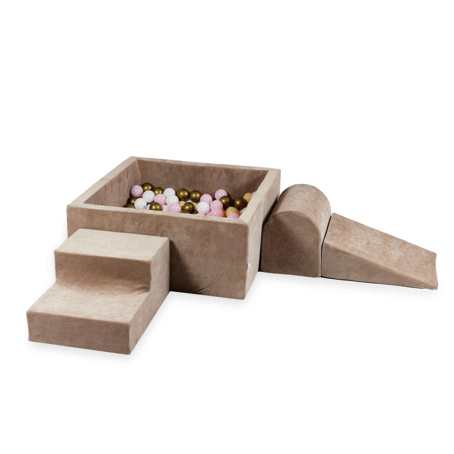 Ensemble de jeu en mousse avec piscine carrée 90x90x40 Velvet Soft Beige Foncé + 200 balles (blanc, rose bébé, beige, vieil or)