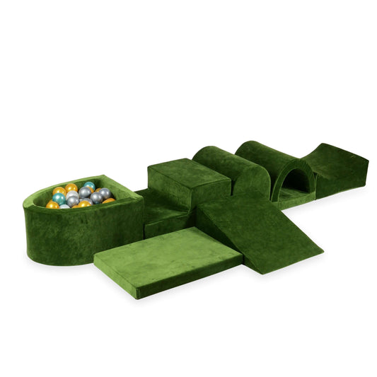 Aire de jeu en mousse avec micro piscine Velvet Soft Olive + 100 balles (perle, argent, or, turquoise métallisé)