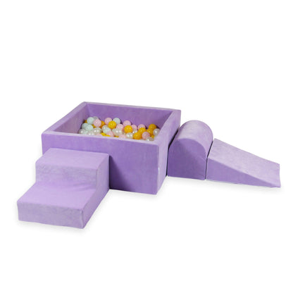 Ensemble de jeu en mousse avec piscine carrée 90x90x40 Velvet Soft Purple + 400 balles (perle, rose bébé, jaune, menthe clair)