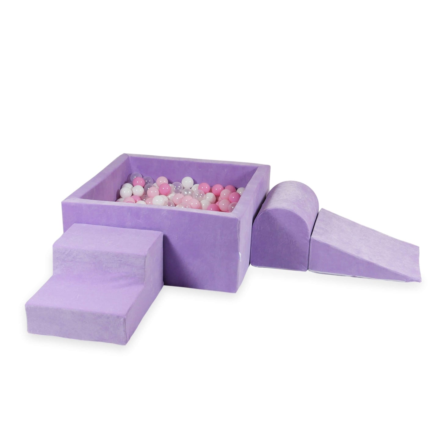 Ensemble de jeu en mousse avec piscine carrée 90x90x40 Velvet Soft Violet + 400 balles (transparent, blanc, rose bébé, rose poudré)