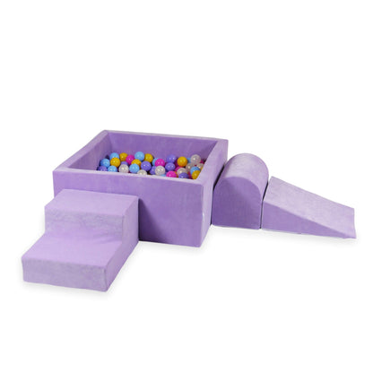 Ensemble de jeu en mousse avec piscine carrée 90x90x40 Velvet Soft Violet + 400 balles (rose, chiné, jaune, bleu bébé, effet sirène)