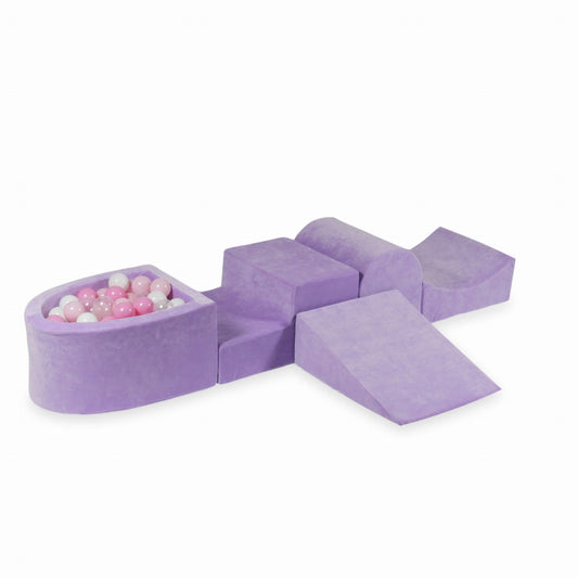 Coffret en mousse avec colline et micro-piscine Velvet Soft Purple + 100 balles (transparentes, blanches, rose bébé, rose poudré)