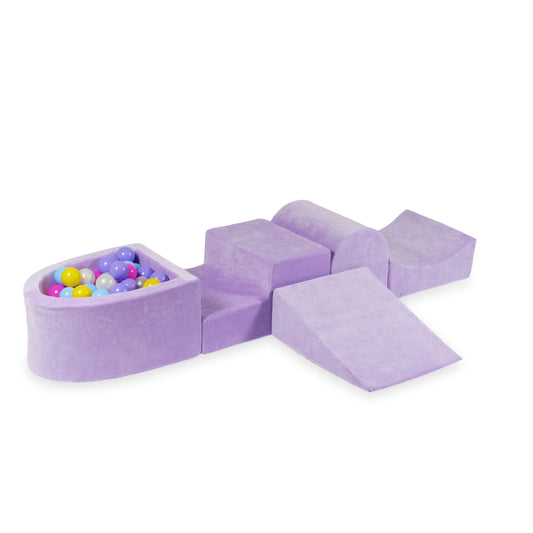 Coffret en mousse avec colline et micro-piscine Velvet Soft Purple + 100 balles (rose, chiné, jaune, bleu bébé, effet sirène)