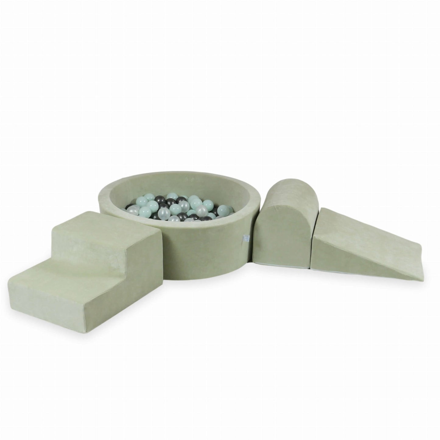Coffret en mousse avec piscine ronde 90x30 Velvet Soft Lightmint + 200 balles (perle, menthe clair, graphite métallisé)