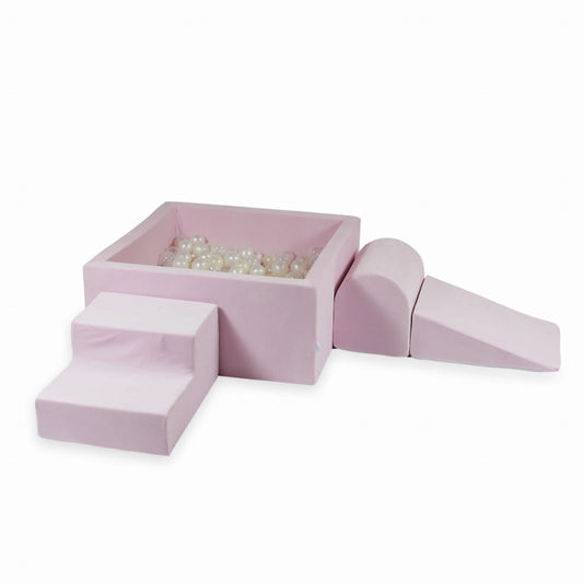 Jeux en mousse avec piscine carrée 90x90x40 Velvet Soft Rose Clair + 400 balles (transparentes, nacrées, effet sirène)