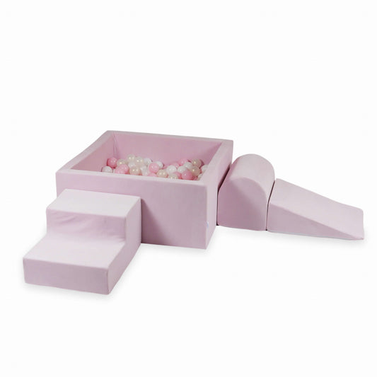 Ensemble de jeu en mousse avec piscine carrée 90x90x40 Velvet Soft Light Pink + 400 balles (blanc, rose bébé, effet sirène)