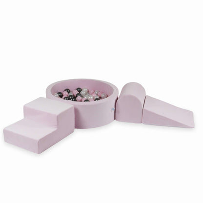 Ensemble de jeu en mousse avec piscine ronde 90x30 Velvet Soft Light Pink + 200 balles (perle, rose bébé, graphite métallisé)