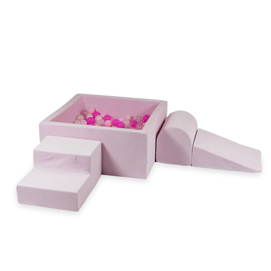 Ensemble de jeu en mousse avec piscine carrée 90x90x40 Velvet Soft Light Pink + 400 balles (transparent, effet sirène, rose bébé, rose)