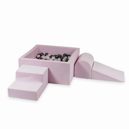 Jeu en mousse avec piscine carrée 90x90x40 Velvet Soft Light Pink + 400 balles (perle, rose bébé, graphite métallisé)