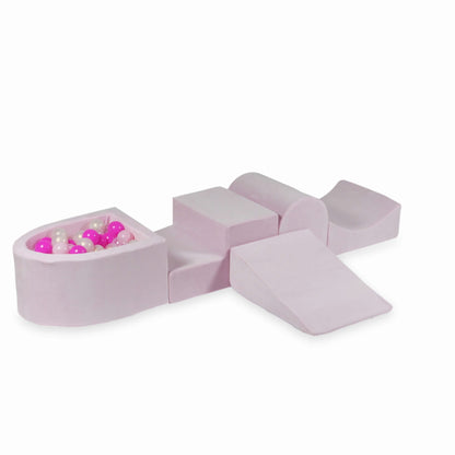 Ensemble de jeu en mousse avec colline et micro-piscine Velvet Soft Light Pink + 100 balles (transparent, effet sirène, rose bébé, rose)