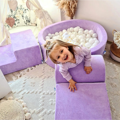 Coffret en mousse avec pont et micro-piscine Velvet Soft Purple + 100 balles (perle, rose bébé, jaune, menthe clair)