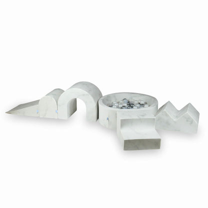 Jeu en mousse avec piscine ronde 90x30 Marmur + 5 éléments + 200 balles (transparent, perle, argent)