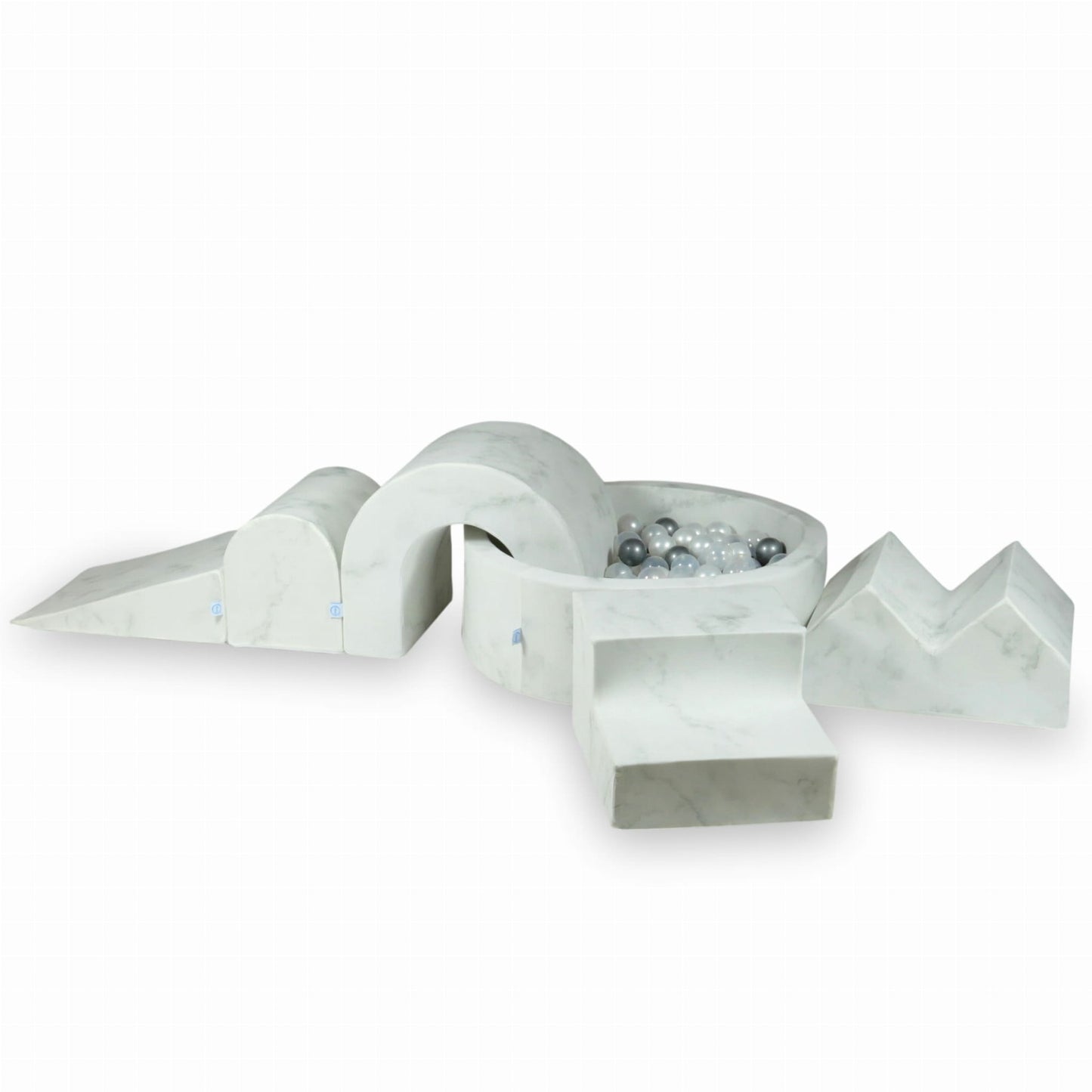 Jeu en mousse avec piscine ronde 90x30 Marmur + 5 éléments + 200 balles (transparent, perle, argent)