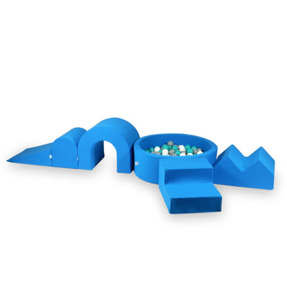 Ensemble de jeux en mousse avec piscine ronde 90x30 Bleu + 5 éléments + 200 balles (blanche, grise, turquoise)