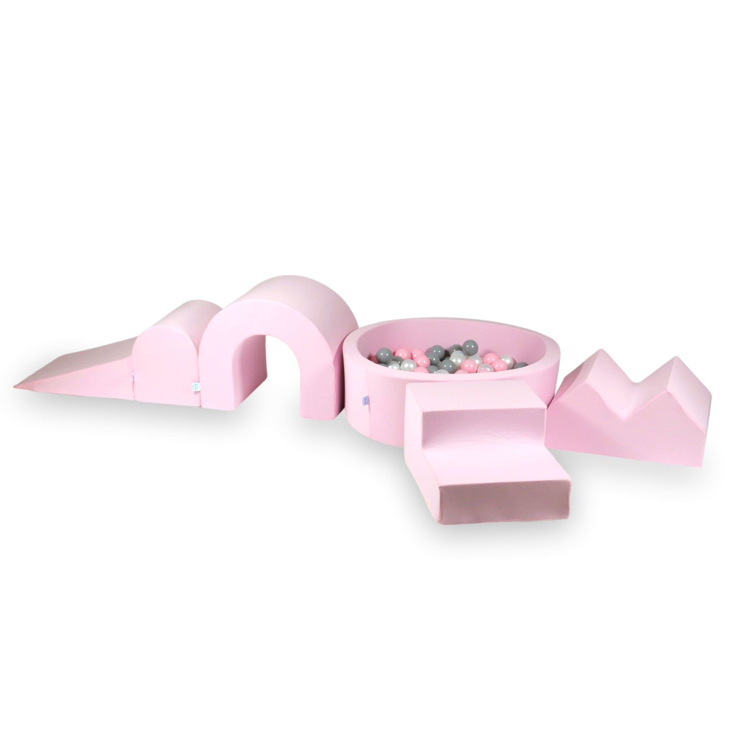 Ensemble de jeu en mousse avec piscine ronde 90x30 Rose Poudré + 5 éléments + 200 balles (transparent, blanc, menthe, bleu bébé)