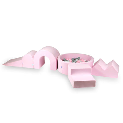 Ensemble de jeu en mousse avec piscine ronde 90x30 Rose Poudré + 5 éléments + 200 balles (transparent, blanc, menthe, bleu bébé)