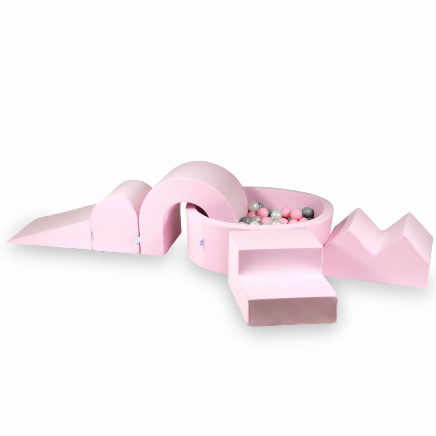 Ensemble de jeu en mousse avec piscine ronde 90x30 Rose Poudré + 5 éléments + 200 balles (transparent, blanc, menthe, bleu bébé)